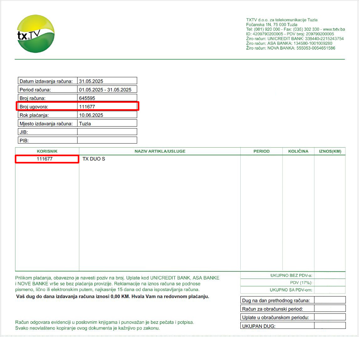 Pomoć za broj ugovora